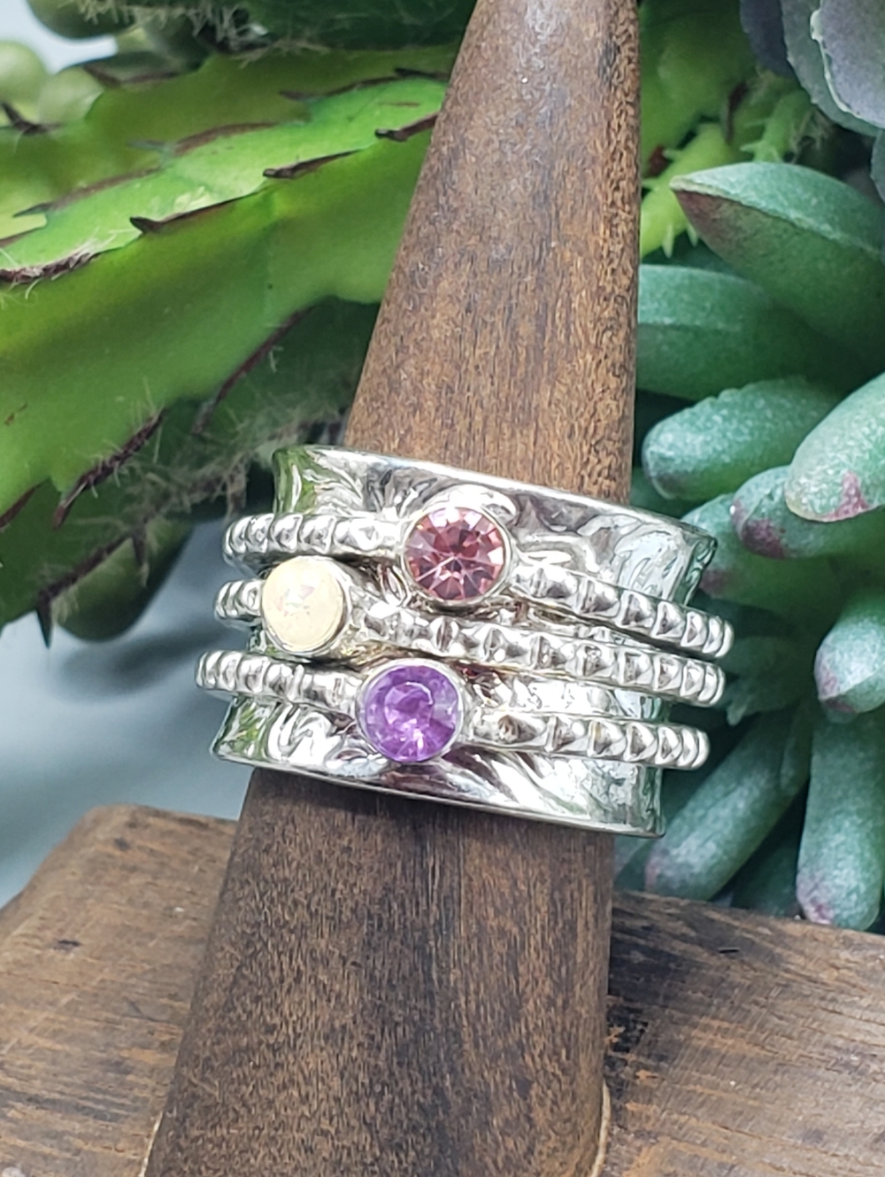 Silver Spinner Ring - 3  Multi-Stack Ring w/ Pink Purple Cream Stones - Hammered